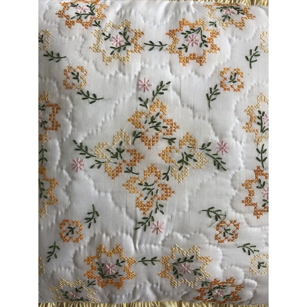 Vtg Quilted Cross Stitch Cream Yellow Floral Pillow Double Wide Ruffle 15x15